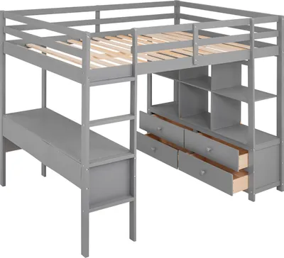 Produktbild von Kinderhochbett (140x200cm,Grau)Etagebett mit Stauraumschubladen und Unterbettschreibtisch