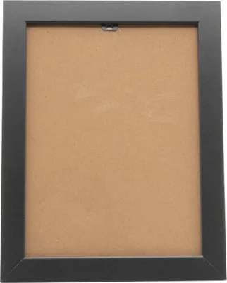 A black picture frame with a brown insert, viewed from the back.