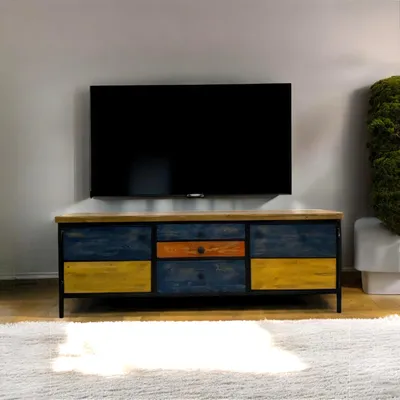 Obrázek produktu pro TV-Möbel aus Holz im auffälligen Vintage-Stil mit farbig lackierten Schubladen