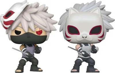 Two Funko Pop! figures of the character Kakashi from Naruto Shippuden, both wearing masks and holding weapons.