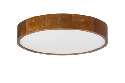 A round ceiling lamp with a wooden frame and a white diffuser.
