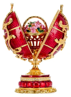 Produktbild von Ei im Fabergé-Stil mit Spieluhr und Schmuckkästchen Frühlingsblumen, 16,5 cm, rot