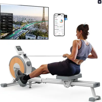 Produktbild von MERACH Leise Rudergerät für Zuhause – 16 Stufen Magnetisch Widerstand, Doppelschienen, App-Steuerung & Tablet-Halter, vertikal klappbar bis 158 kg