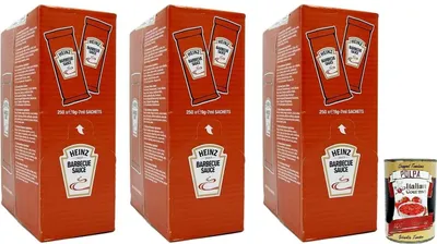 Produktbild von 3x Heinz Smokey & Sweet Barbecue BBQ Sauce Sachet,Jede Packung enthält 250 Einzeldosisbeutel à 7ml + Italian Gourmet Polpa di Pomodoro 400g Dose