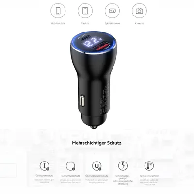 A black car charger with a digital display and blue and red LED lights, shown against a white background with icons and text describing its features.