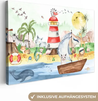Produktbild von MuchoWow® - Leinwandbilder - Strand - Tiere - Kinder - Leuchtturm - Jungen, Wandbild, Wanddeko Bilder Wohnzimmer, 120x80 cm