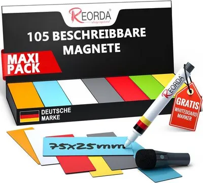 Produktbild von Reorda Beschrijfbare Magnetstrips 105 Stuks 75x25mm + Pen - Beschreibbare Magnetstreifen für Whiteboards Kanbanbördchen und Magnetbördchen - Beschreibbare Magnetstreifen für den Kühlschrank