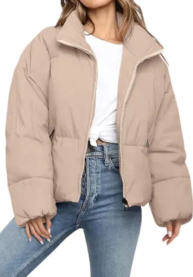 Produktbild von ASKSA Damen Daunenjacke Dicke Warm Kurz Steppjacke Winterjacke Reissverschluss Puffer Jacke Rollkragen Einfarbig Wintermantel Outdoor Daunenmantel (Khaki,S)
