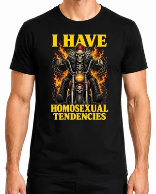 Productafbeelding van Ik heb homouele neigingen. Motorfiets, skelet, statement, sarcasme. Heren T-shirt, zwart, XXL