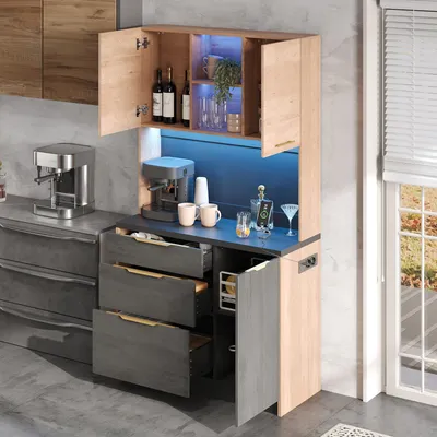 Immagine prodotto di MODFU Mobile da cucina, mobile alto con illuminazione a LED regolabile, mobile contenitore con cassetti e ripiani, colore neutro