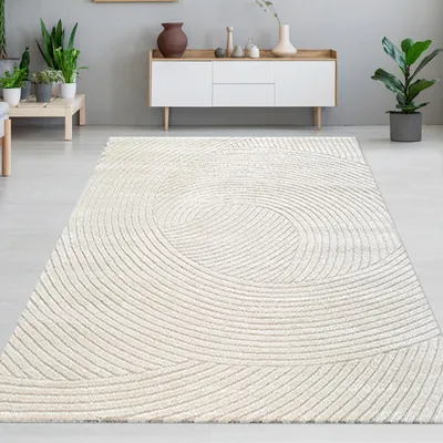 Obrázek produktu pro Moderní koberec Měkký, snadno udržovatelný a stylový koberec s vlnkovým vzorem v krémové barvě Velikost - 140 x 200 cm