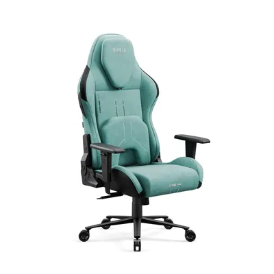 A teal gaming chair with black accents is shown from a three-quarter angle against a white background.