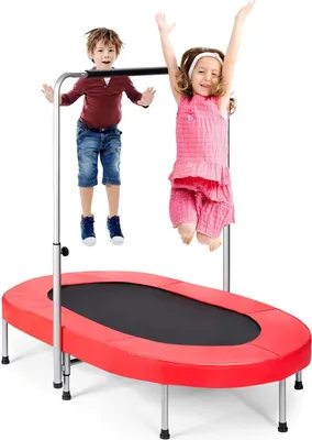 Produktbild von GOPLUS Trampolin für 2 Kinder, 5 stufiger Verstellbarer Handlauf, Klappbares Kindertrampolin für Indoor/Outdoor, Fitness-Trampolin für Kinder/Erwachsene, belastbar bis 150 kg (Rot)