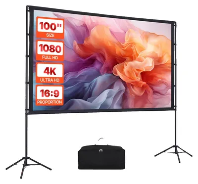 Image de Écran de projection VEVOR (100 pouces) avec angle de vision de 160° et double trépied, écran de projection pour projecteur d'intérieur et d'extérieur 16:9 4K HD, écran de cinéma portable avec sac de transport pour les projections home cinéma