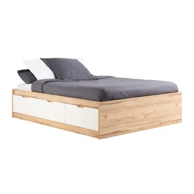 Produktbild von Skandinavisches Bett für Erwachsene mit 3 Schubladen aus Eiche und mattweiß – 140 x 190 cm VANKKA
