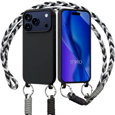 Image de Coque pour iPhone 17 Pro, Protection TPU Antichoc Souple Anti-Rayures avec Cordon Noir Blanc