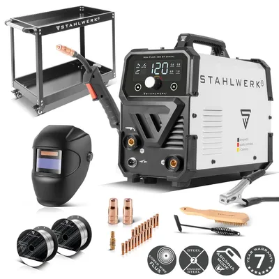 Zdjęcie produktu dla STAHLWERK Spawarka Mini FLUX 120 ST Digital - W pełni wyposażona z wózkiem na sprzęt - Spawanie drutem proszkowym bez gazu do 120 A, funkcja Lift-TIG i MMA, productTiles.product.images.aiGenerated