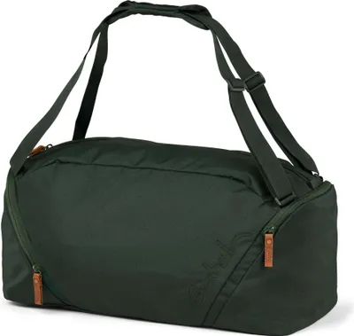A dark green duffel bag with brown leather accents and adjustable straps is shown against a white background.