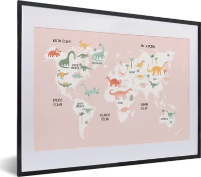 Produktbild von MuchoWow® Gerahmtes Poster Weltkarte - Kinder - Dinosaurier 40x30 cm - Poster mit Schwarzem Bilderrahmen Wandposter Rahmen Foto Bilder - Bilderrahmen - Poster im Rahmen