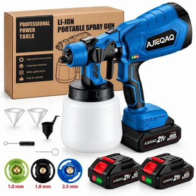 Produktbild von Akku Farbspritzpistole 21V 500W, Elektrisches Farbsprühgerät mit 2 Akkus 2000mAh, 1000ml Farbbehälter, 3 Düsen, für Wandfarbe, Holzlack & Möbel