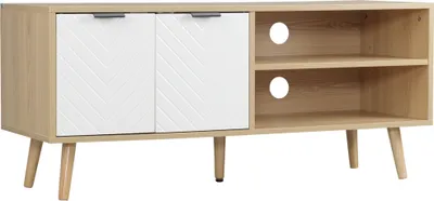 Produktbild von HOMCOM Moderner TV-Schrank, Wohnzimmer-TV-Tisch mit 2 Türen und 2 Ablagen für Fernseher bis zu 46 Zoll, für Schlafzimmer, 110 x 39 x 48,8 cm, Natur und Weiß