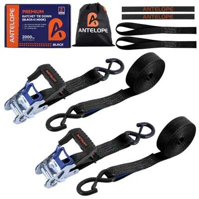 Productafbeelding van 2 spanbanden met ratelsluiting, 2 S-haken, 6 meter lang, 35 mm breed, zwart. Breeksterkte: 2000 kg, werklast: 1000 daN, conform DIN EN 12195-2