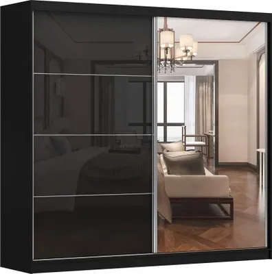 Produktbild von Kleiderschrank M31 mit Spiegel 233 cm, Schwebetürenschrank, Garderobeschrank Schlafzimmer; Wohnzimmerschrank; Korpus Schrank Farbe: Schwarz; Farbe der Schrankfront: Schwarz Hochglanz- 2 Schiebetüren