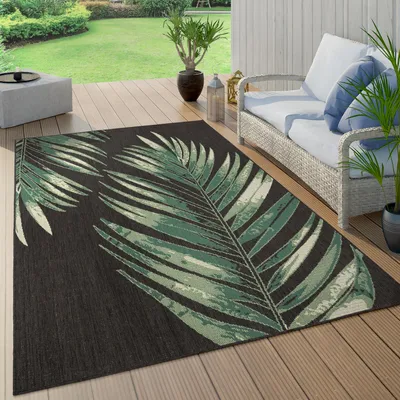 Produktbild von Outdoor Teppich Wetterfest Balkon Palmen Dschungel Florales Boho Muster Grün Grösse 160 cm Rund