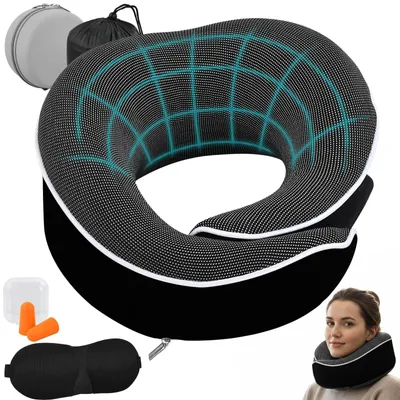 Image de Coussin de voyage ergonomique 5-en-1 pour le cou, avec masque de sommeil et bouchons d'oreille - Idéal pour l'avion et la voiture