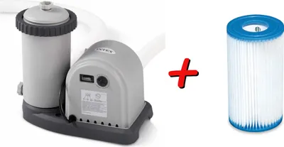 A pool filter pump and a replacement filter cartridge shown side-by-side, separated by a plus sign.