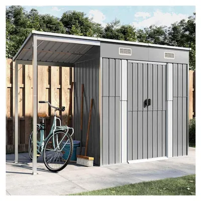 Produktbild von Metall Gerätehaus mit Pultdach und abschließbarer Tür, wetterfest, für Garten und Außenbereich, hellgrau, 277 x 107 x 181 cm, Stahl
