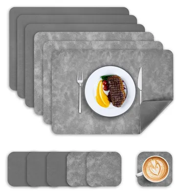 Produktbild von Tischsets Abwaschbar Lederoptik 6er Set mit Untersetzern Grau Dunkelgrau 43x30cm
