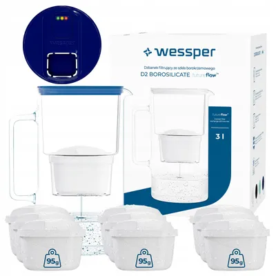 Obrázok produktu pre Wessper D2 BOROSILICATE futureflow™ kanvica s filtrom na vodu 3 l, modrá – s 10 filtrami AquaMax