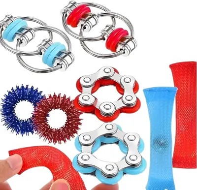 Productafbeelding van Fidget set - Set van 8 - Geweven netslang - Adhs - Stressvermindering - Anti-stress - Knijpen - Adhs rood/blauw