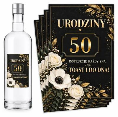 Zdjęcie produktu dla Naklejki na Butelki 50 Urodziny Czerń Białe Kwiaty 8 szt
