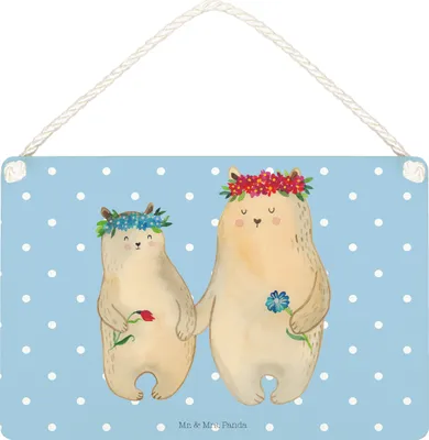 Produktbild von Mr. & Mrs. Panda Schild Bären mit Blumenkranz DIN A5 - Blau Pastell - Geschenk, Türschild, wandtafel, Mutter, Lieblingsmensch, Bär, Wandbild Holz, Muttertag, Family