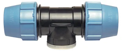 Produktbild von Unidelta PP T-Stück 50mm x 1 1/2" x 50mm mit Klemmverschraubung und Innengewinde für PE-Rohr, PN16 Rohrverbinder für Wasserleitung & Bewässerung