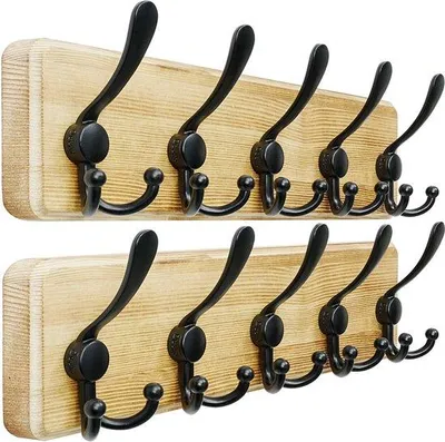 Produktbild von Vintage-Holzkleiderständer mit 5 doppelten Haken, an der Wand befestigbar, Kleiderständer, Haken, für Mäntel, Jacken, Taschen, hellbraun und schwarz, 2 Stück