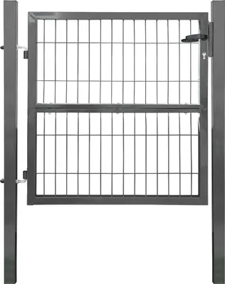 A metal garden gate with a wire mesh infill, mounted on two posts. The gate has a latch mechanism on the right side.