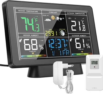Produktbild von Intelligente Wetterstation mit Farbbildschirm, Temperatur- und Luftfeuchtigkeitsmesser, Wetteruhr mit Mondphasenanzeige, Anzeige des atmosphaerischen Drucks, Funktion zur automatischen Kalibrierung der Funkzeit (WWVB DCF MSF, mit DST-Funktion)