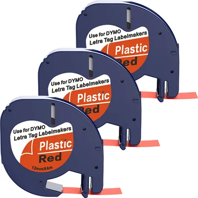 Produktbild von Boxstuff - Dymo LetraTag 91203 - S0721630 - Etikettenband - Schwarz auf rotem Kunststoff - 12 mm x 4 m - 3 Stück