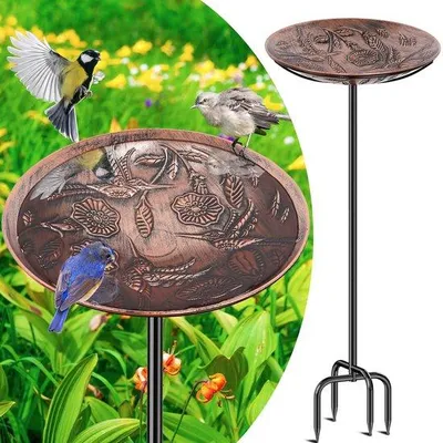 Productafbeelding van Ibenzoa® Vogelbad 100 cm – Vintage koperen kom, diameter 26,5 cm, hoogte 5 cm, stevige stalen paal met 4 massieve tanden, vorstbestendig