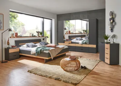 Produktbild von Schlafzimmer Möbel Set, 5-teilig, mit Drehtürenschrank GRANADA-43 in graphit mit Artisan Eiche Nb.