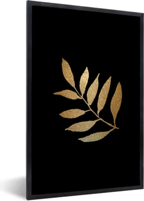 Produktbild von MuchoWow® MuchoWow® Gerahmtes Poster Schwarz und Gold - Zweig - Blätter 60x90 cm - Poster mit zchwarzem Bilderrahmen - Kunst