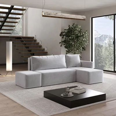 Produktbild von Masseno Ecksofa VELOTTI R-S mit Schlaffunktion L-Form, Sofa mit Bettkasten, Wohnzimmersofa, Couch, Soffa, Bettsofa, Couchgarnitur- Hellgrau, PAROS 05