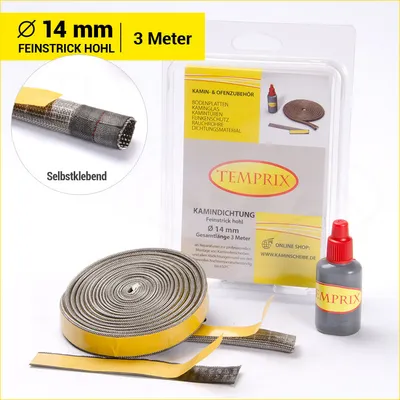 Produktbild von Temprix Kamindichtung & Ofendichtung Ø 14 mm Hohldichtung - 3 Meter inkl. Kleber | feuerfeste Ofenschnur, Kaminschnur & Dichtband bis 650°C temperaturbeständig | Dichtung für Kamin, Ofen & Grill