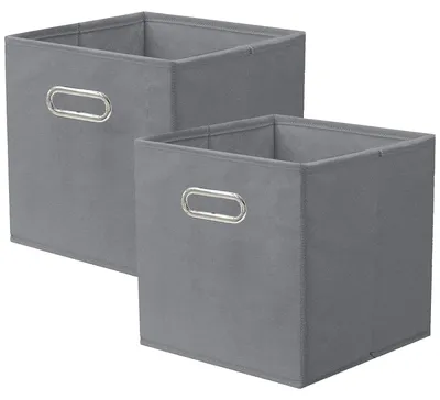 Image de Boîtes de rangement en tissu, lot de 2 cubes de rangement pliables avec poignée métallique pour l'armoire et les jouets