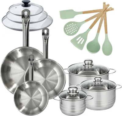 Image de Lot de 3 Poêles 20/24/28cm et 3 Faitouts 16/20/24cm avec couvercles Fackelmann Etherna avec 5 ustensiles