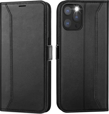 A black leather flip case for an iPhone 12 / 12 Pro is shown from the front and back.