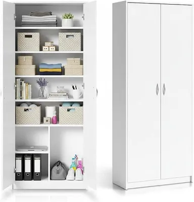 Produktbild von Kleiderschrank Mehrzweckschrank Regal weiß 74cm breit 180cm hoch mit Vier Einlegeböden Aktenschrank Haushaltsschrank Schrank Organizer aus Holz für Schlafzimmer Flur Keller Büro